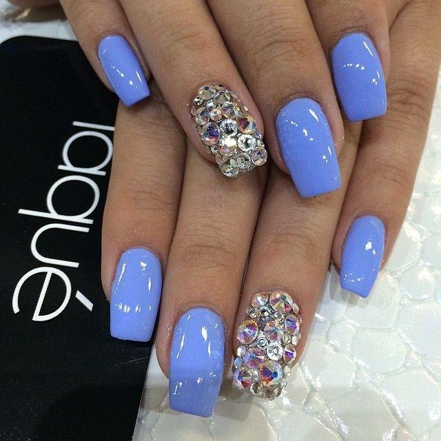 Blue with glitter on the nails